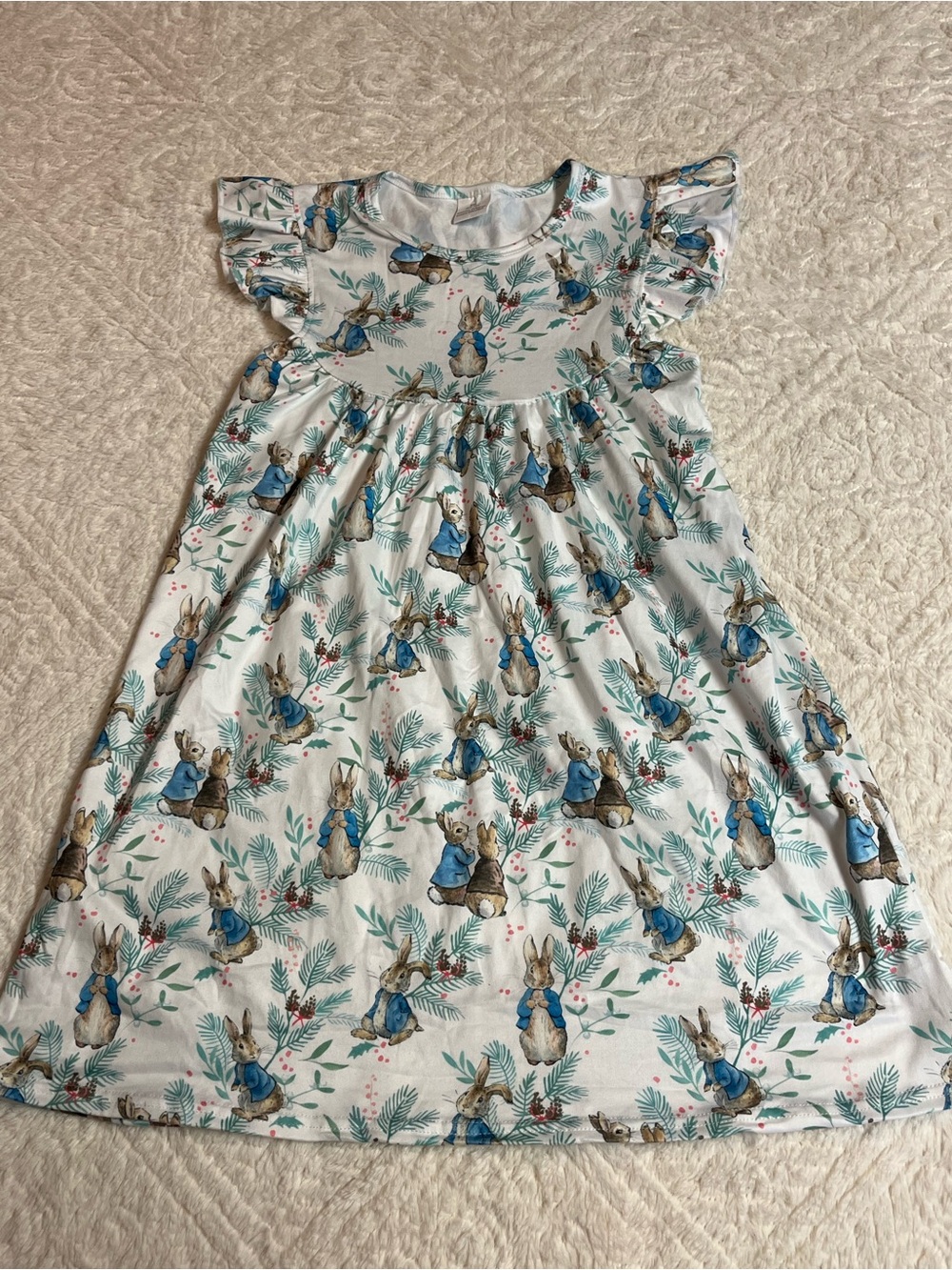 Girls White Bunny Print Flutter-Sleeve Casual Dress